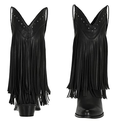 SheSole Women's Fringe Western Boots Wide Calf Riding Cowgirl Cowboy boots Black US 7 - Image 2