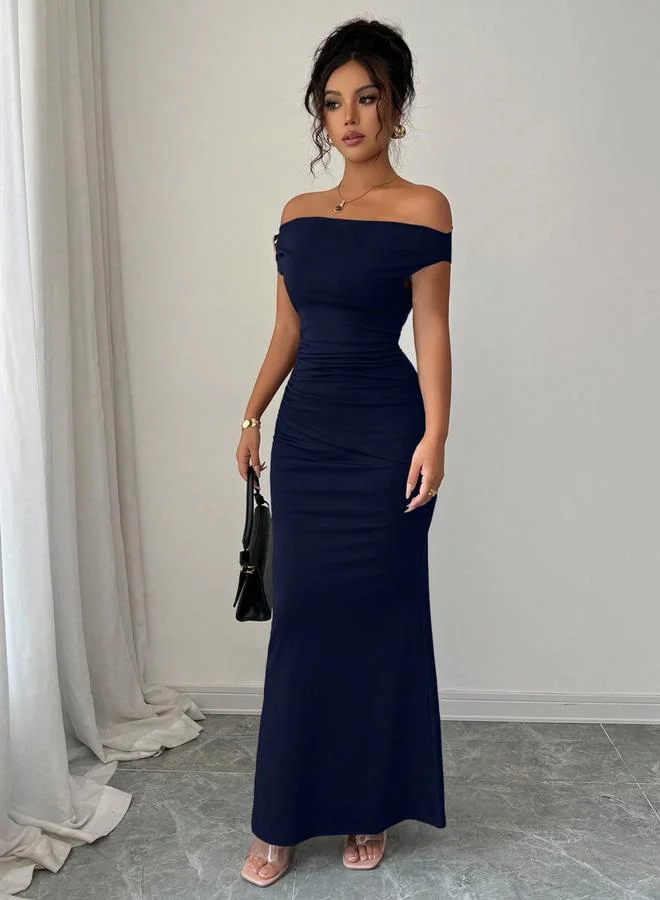Take Two Navy Blue Bodycon Maxi Dress with Off-Shoulder and Ruched Design
