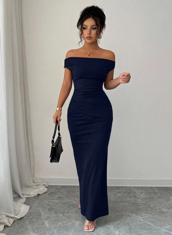 Take Two Navy Blue Bodycon Maxi Dress with Off-Shoulder and Ruched Design