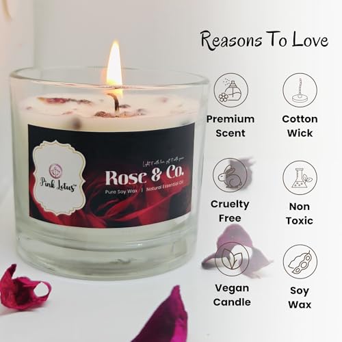 Pink Lotus Rose & Co. Scented Candle | Pure Soy Wax | Natural Essential Oil | Romantic Rose Petal Aroma | Home Décor, Gifting, Relaxation, Aromatherapy (Hand-Poured) - Image 2