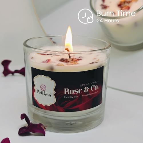Pink Lotus Rose & Co. Scented Candle | Pure Soy Wax | Natural Essential Oil | Romantic Rose Petal Aroma | Home Décor, Gifting, Relaxation, Aromatherapy (Hand-Poured) - Image 3