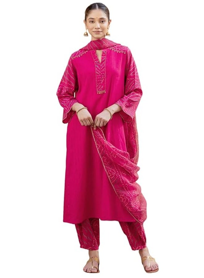 جو سريكي كورتا حريمي من GoSriKi رايون فيسكوز مستقيم بطبعة Bandhej مع بنطال ووشاح مقاس M - Image 1