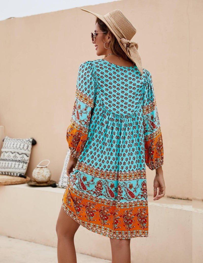 Bluetime Women Casual Summer Dress Boho V Neck 3/4 Sleeve Babydoll Floral Print Flowy Beach Dress (M, Neo Mint) - Image 5