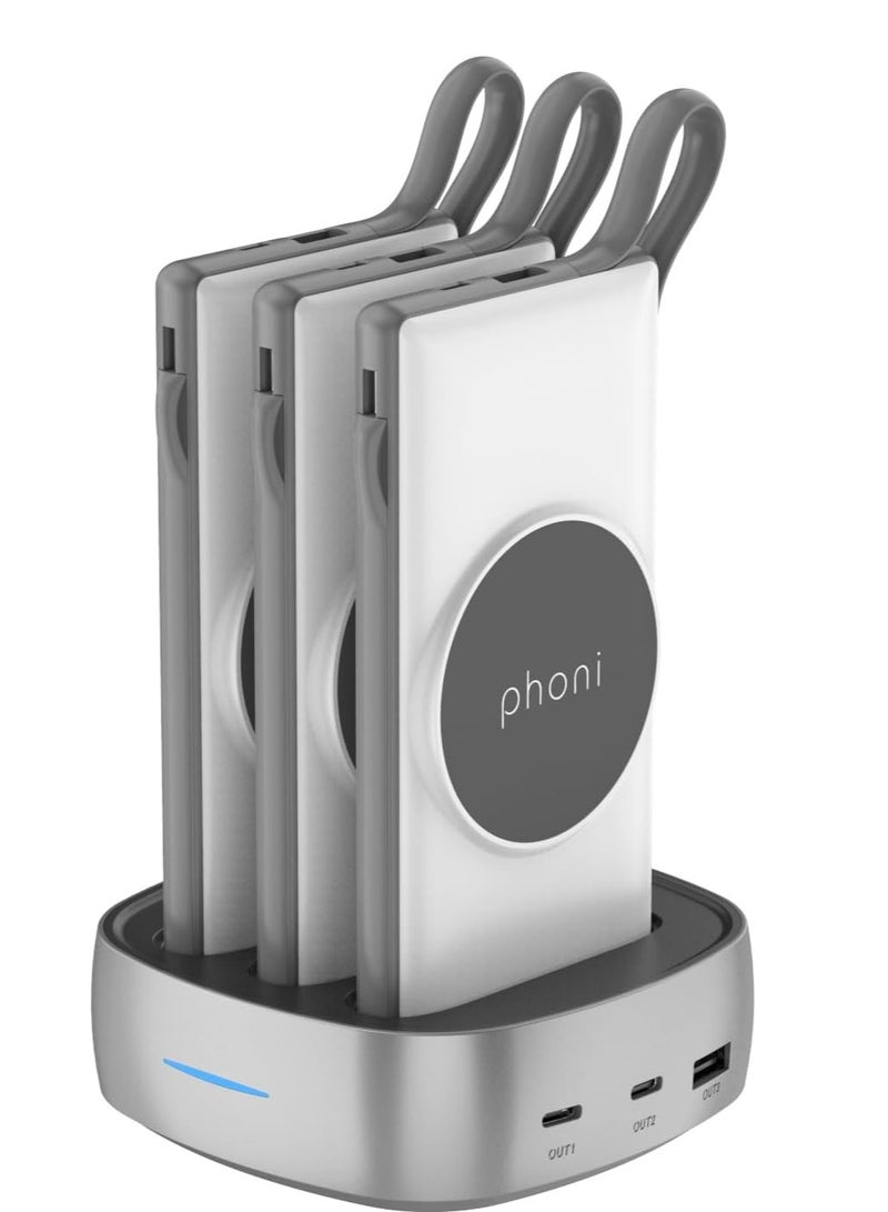 فوني Phoni 3-in-1 Magnetic Wireless Charger & 10000mAh Power Bank with Built-in USB-C, Micro USB Cables, Compatible with Lightning Devices, Apple, Samsung, Nothing, Honor & Oppo (White Aura) - Image 1