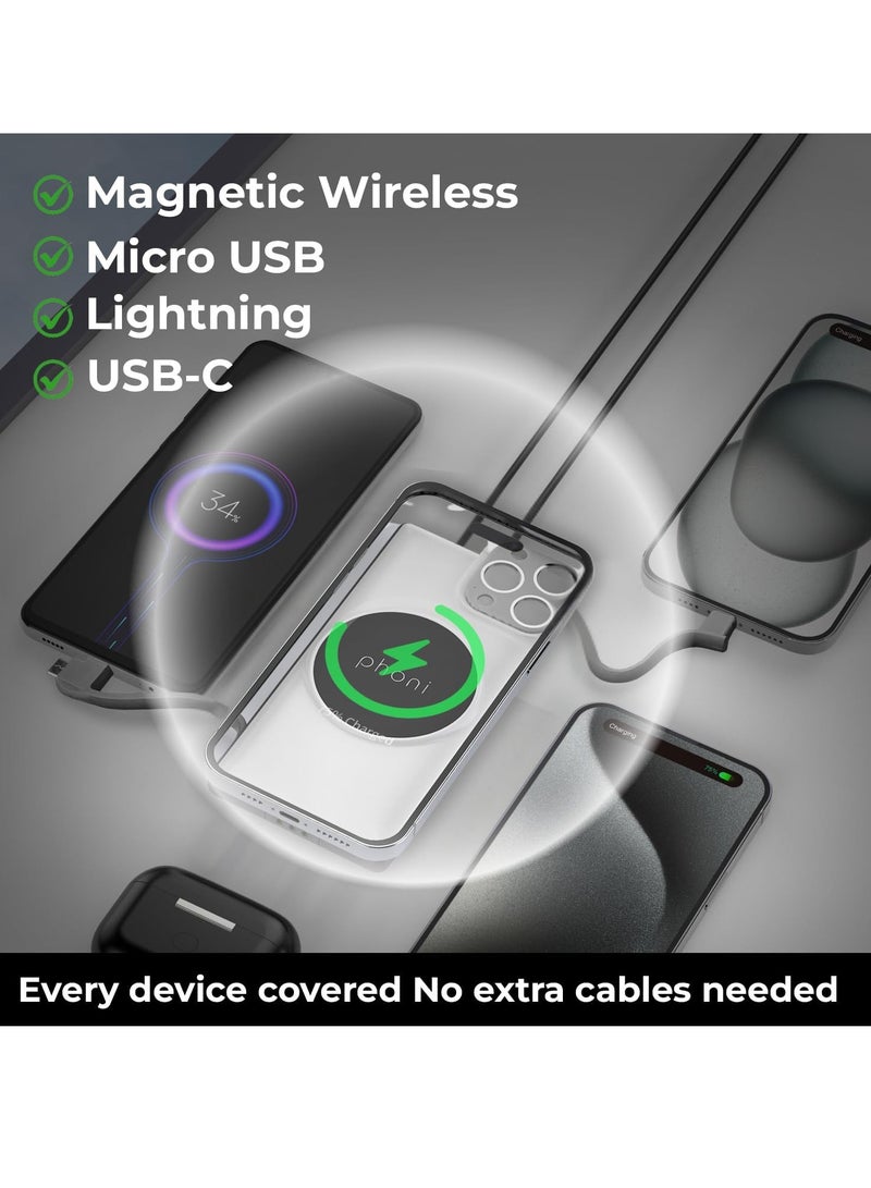 فوني Phoni 3-in-1 Magnetic Wireless Charger & 10000mAh Power Bank with Built-in USB-C, Micro USB Cables, Compatible with Lightning Devices, Apple, Samsung, Nothing, Honor & Oppo (White Aura) - Image 4