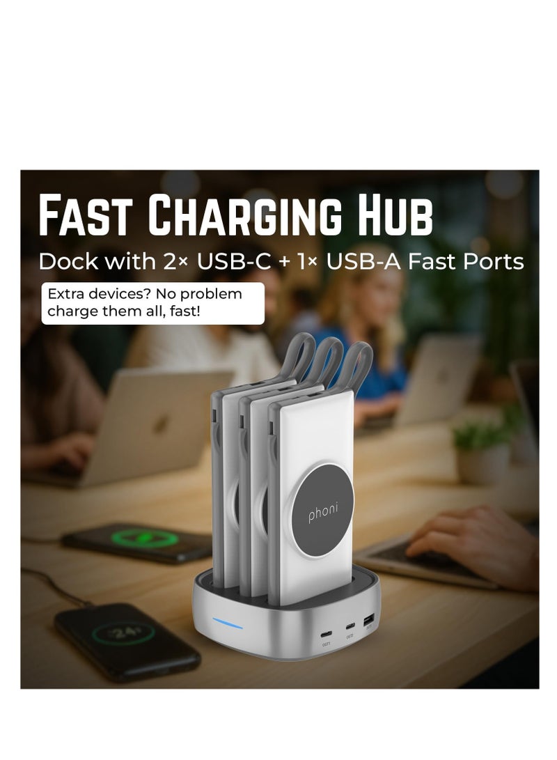 فوني Phoni 3-in-1 Magnetic Wireless Charger & 10000mAh Power Bank with Built-in USB-C, Micro USB Cables, Compatible with Lightning Devices, Apple, Samsung, Nothing, Honor & Oppo (White Aura) - Image 2