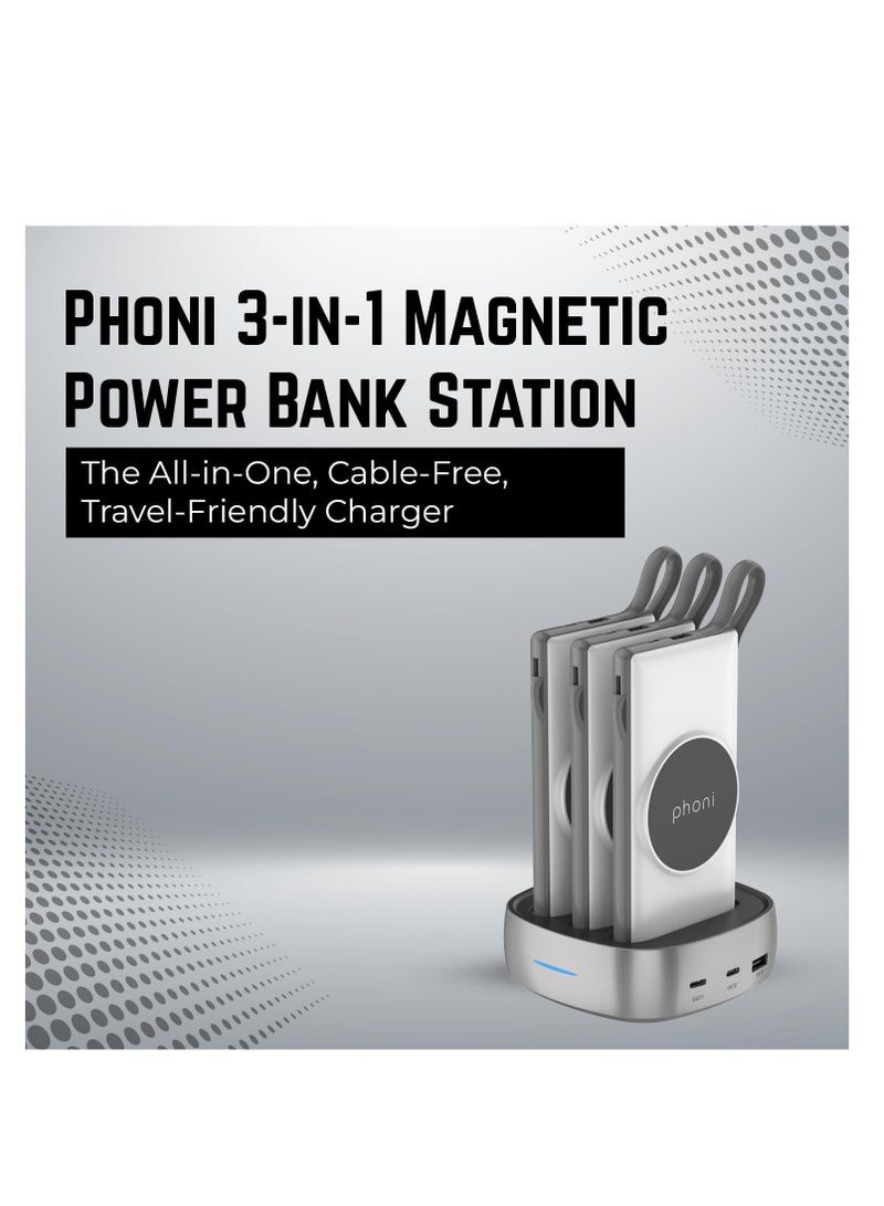 فوني Phoni 3-in-1 Magnetic Wireless Charger & 10000mAh Power Bank with Built-in USB-C, Micro USB Cables, Compatible with Lightning Devices, Apple, Samsung, Nothing, Honor & Oppo (White Aura) - Image 5