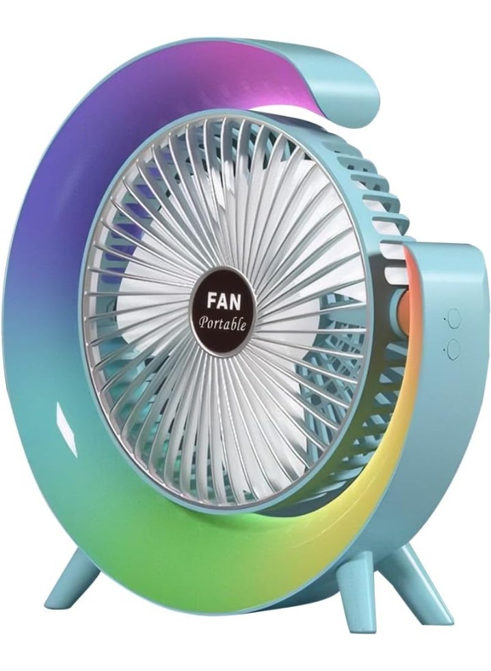 مروحة مكتب USB مزودة بإضاءة RGB مزاجية، مروحة طاولة محمولة هادئة بثلاث سرعات، مروحة قابلة لإعادة الشحن ببطارية 1800 مللي أمبير، مروحة مكتب قابلة للتعديل بزاوية 180 درجة، مروحة صغيرة للمنزل والمكتب وغرفة النوم والأماكن الخارجية (أزرق) - Image 1