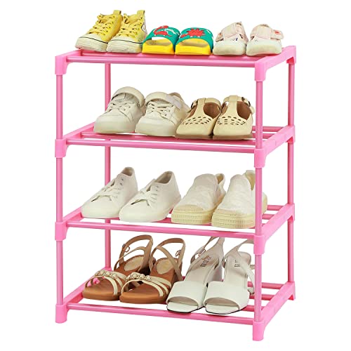 HITHIM 4-Tier Free Standing Shoe Racks for 6-8 Pairs Shoe Storage,Kids Shoe Racks for Small Place,Lightweight Stackable Shoe Shelf Organizer for Entryway, Doorway and Closet,Pink - Image 1