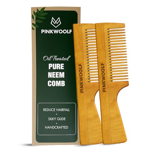 Pink Woolf Wooden Neem Comb for Women Hair Growth | Wide Tooth Detangler & Anti-Static Katchhi Neem Comb | Gentle on Scalp, Natural Wood Hair Comb for Smooth, Strong & Healthy Haircare, Pack Of 2 - Image 1