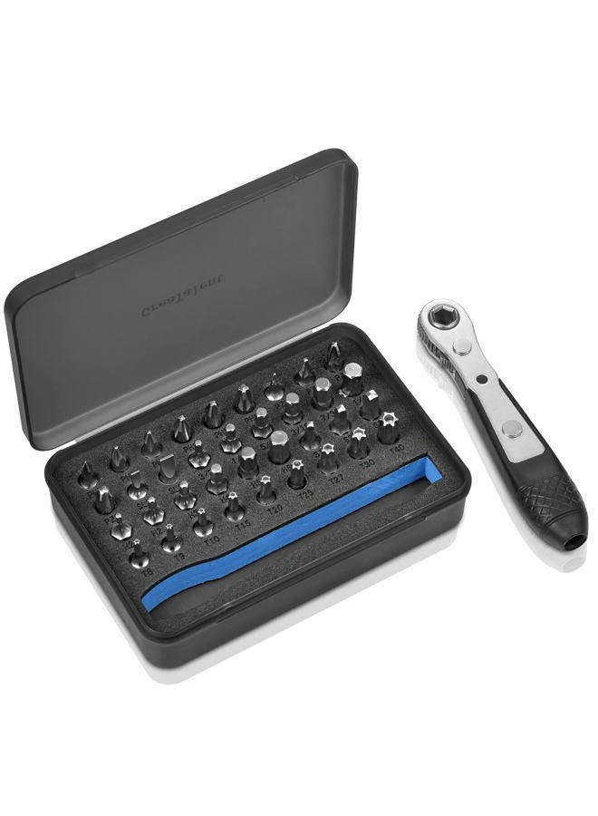 GreaTalent 37pc Mini Ratchet Wrench Screwdriver Bit Set with 1/4 inch S2 Steel Bits, 36-Tooth, Magnetic Bit Holder Quick Release, Low Profile 90 Degree Right Angle Offset Reversible Drive Handle - Image 1