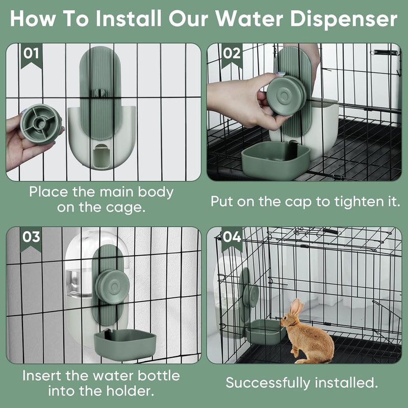 SWIUKPHE Rabbit Water Bottle,Hanging Automatic Water Dispenser for Cage,Ferret Bunny Guinea Water Bowl,Suitable for Small Animal, Cage Grid Spacing Over 1.2'', Green - Image 5