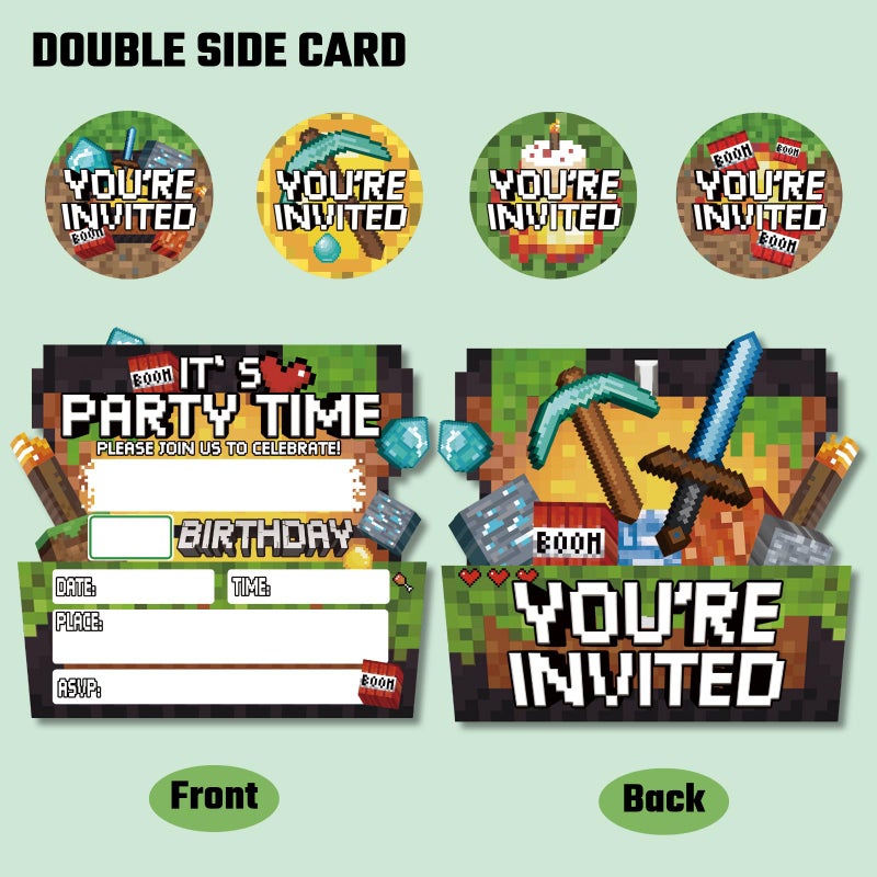 Lumoaster Birthday Party Invitations Boy - Pixel Party Invitations - 20 Sets Birthday Invitations for Boys Girls Kids - Pixel Theme Bday Party Decorations - 20 Invitations with Envelopes and Stickers B - Image 3