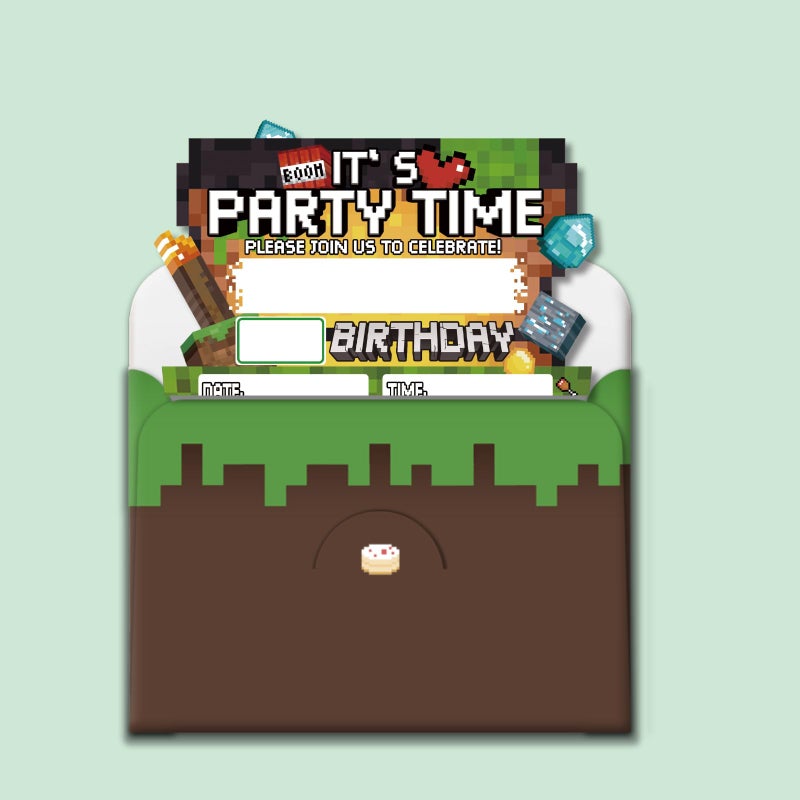 Lumoaster Birthday Party Invitations Boy - Pixel Party Invitations - 20 Sets Birthday Invitations for Boys Girls Kids - Pixel Theme Bday Party Decorations - 20 Invitations with Envelopes and Stickers B - Image 4