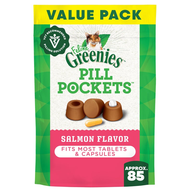 Greenies Feline Pill Pockets for Cats Natural Soft Cat Treats, Salmon Flavor, 3 oz. Pouch (85 Treats) - Image 1
