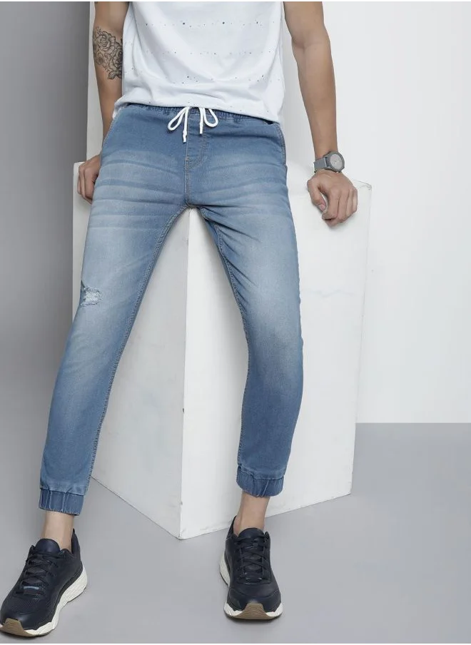 The Indian Garage Co Men Slim Fit Solid Mid-Rise Stretchable Denim Joggers