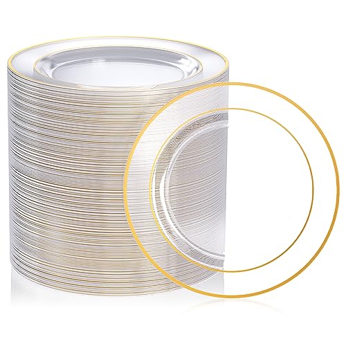 FOCUSLINE 7 Inch Small Clear Gold Plastic Plates 100 Count, Disposable Heavy Duty Clear Plates with Gold Rim, Premium Hard Plastic Plate Fancy Disposable Salad Plate for Wedding Parties - Image 1