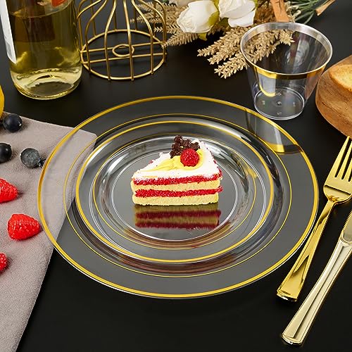 FOCUSLINE 7 Inch Small Clear Gold Plastic Plates 100 Count, Disposable Heavy Duty Clear Plates with Gold Rim, Premium Hard Plastic Plate Fancy Disposable Salad Plate for Wedding Parties - Image 5
