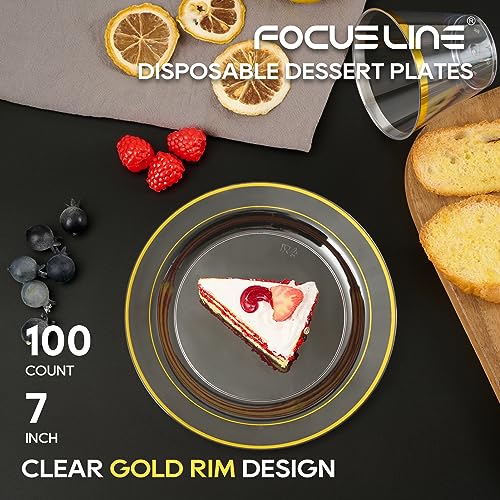 FOCUSLINE 7 Inch Small Clear Gold Plastic Plates 100 Count, Disposable Heavy Duty Clear Plates with Gold Rim, Premium Hard Plastic Plate Fancy Disposable Salad Plate for Wedding Parties - Image 2