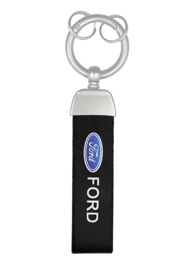 Ford Premium Stylish Leather Strap Car Keychain with Retractable Metal Clip and Metal Ring - Black - FORD - Image 1