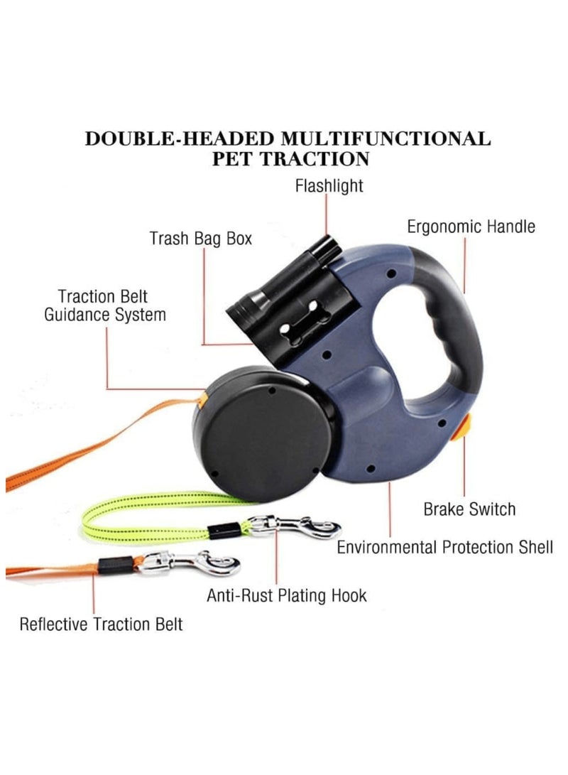 طقم ليش للحيوانات الأليفة القابل للسحب المزدوج لكلبَين/قطتين - 360° خالي من التشابك وحبل يمتد بحرية مع ضوء LED مدمج وحامل لأكياس النفايات، مثالي للمشي والجري والمشي في الطبيعة والتدريب والتخييم. - Image 2