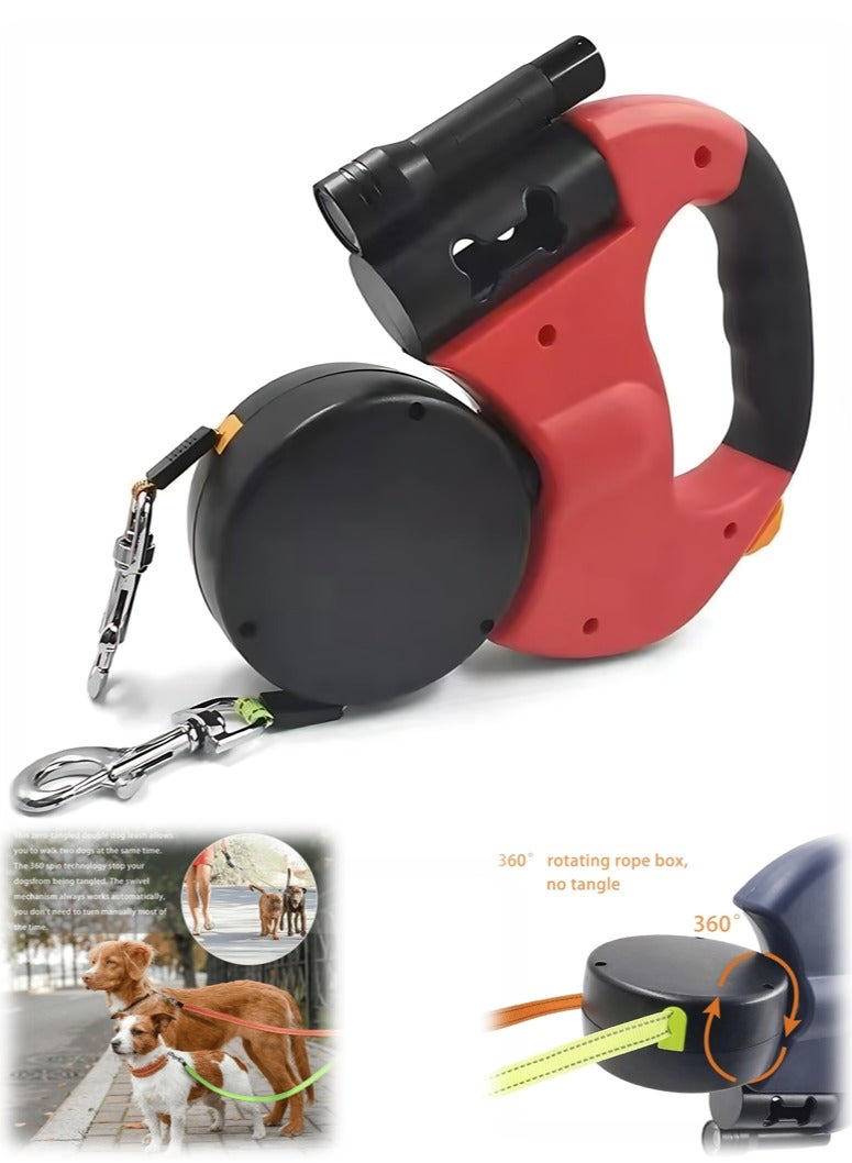 طقم ليش للحيوانات الأليفة القابل للسحب المزدوج لكلبَين/قطتين - 360° خالي من التشابك وحبل يمتد بحرية مع ضوء LED مدمج وحامل لأكياس النفايات، مثالي للمشي والجري والمشي في الطبيعة والتدريب والتخييم. - Image 1