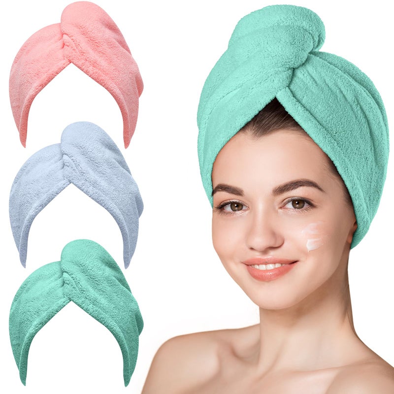 Hicober Microfiber Hair Towel  3 Packs Hair Turbans For Wet Hair  Drying Hair Wrap Towels For Curly Hair Women Anti Frizz (Pink Blue Green) - Image 1