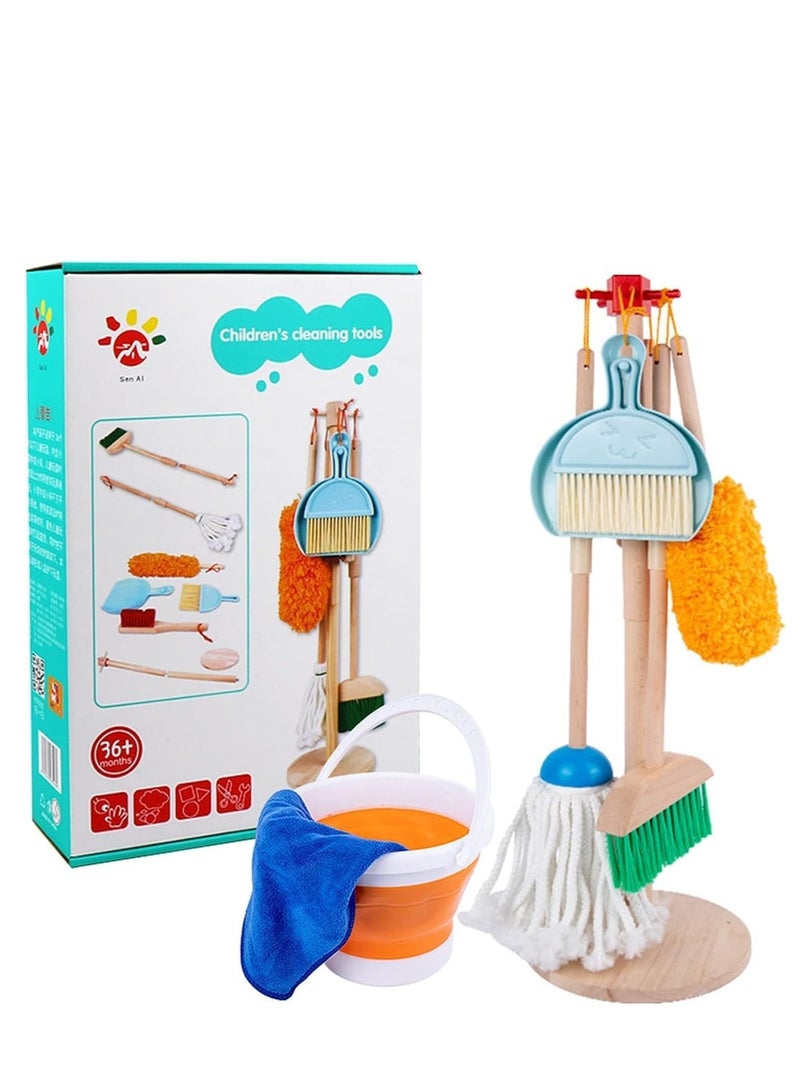 BAYBEE Baybee 9 Piece Wooden Household Cleaning Toys Set for Kids with Housekeeping Broom, Mop, Duster, Brush, Dustpan, Bucket, Cloth & Stand Toys Pretend Play Role Play Toys for Kids 2+ Years Boy Girl  - Image 1