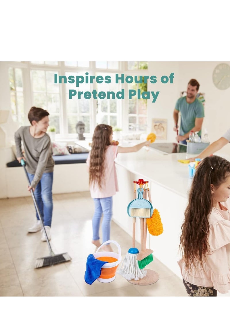 BAYBEE Baybee 9 Piece Wooden Household Cleaning Toys Set for Kids with Housekeeping Broom, Mop, Duster, Brush, Dustpan, Bucket, Cloth & Stand Toys Pretend Play Role Play Toys for Kids 2+ Years Boy Girl  - Image 4