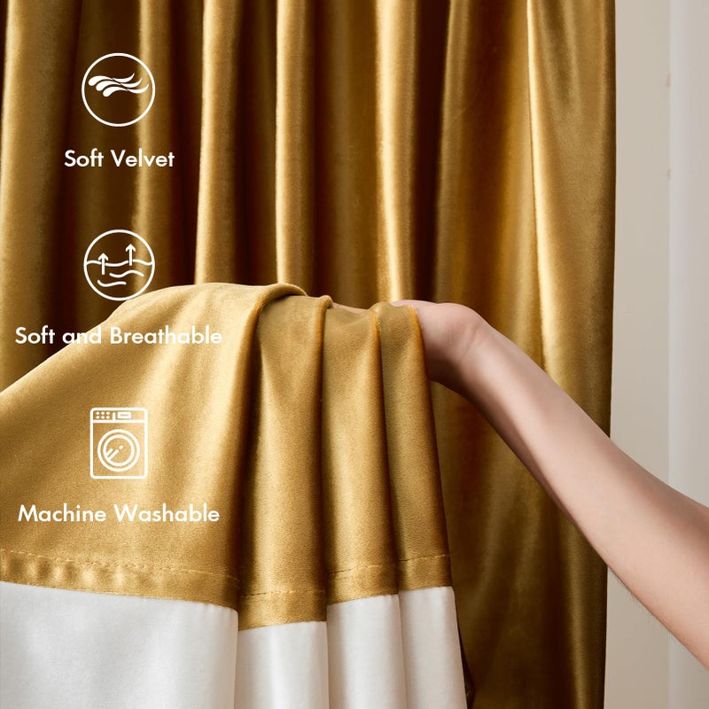 BULBUL Velvet Curtains 84 inches Long for Living Room Gold Cream Ivory,2 Panels Blackout Curtains Modern Color Block Back Tab Rod Pocket Soundproof Drapes for Bedroom Window Decor - Image 3