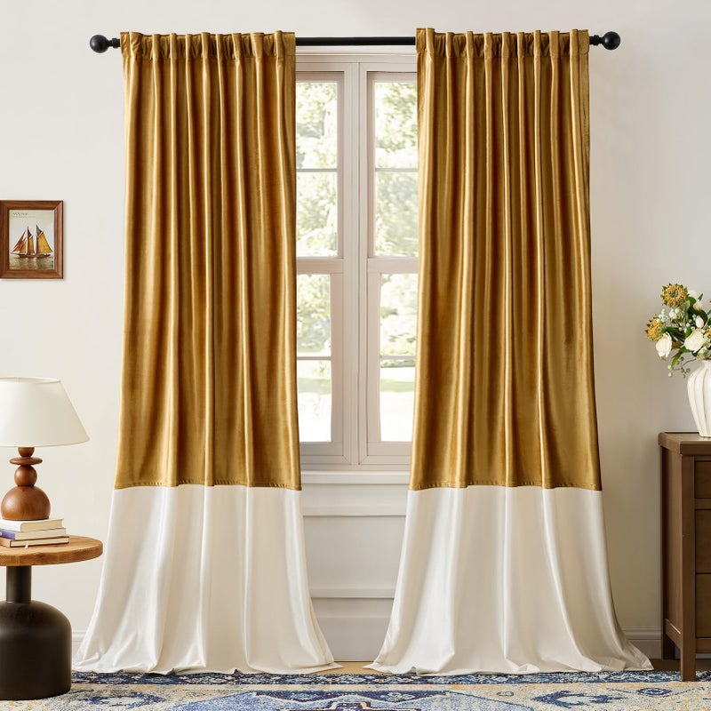 BULBUL Velvet Curtains 84 inches Long for Living Room Gold Cream Ivory,2 Panels Blackout Curtains Modern Color Block Back Tab Rod Pocket Soundproof Drapes for Bedroom Window Decor - Image 1