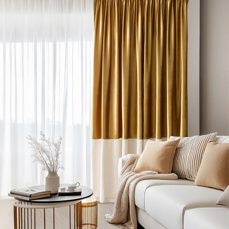 BULBUL Velvet Curtains 84 inches Long for Living Room Gold Cream Ivory,2 Panels Blackout Curtains Modern Color Block Back Tab Rod Pocket Soundproof Drapes for Bedroom Window Decor - Image 5