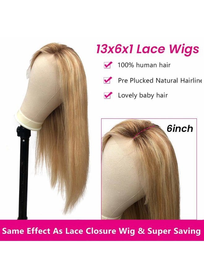 Smavida Blonde Lace Front Wig Human Hair 13x4 HD Transparent Ombre Mediun to Brown with Honey Blonde Highlights Straight Remy Human Hair Wigs Pre Plucked with Baby Hair Lace Wigs for Women 20" 150% Density - Image 2
