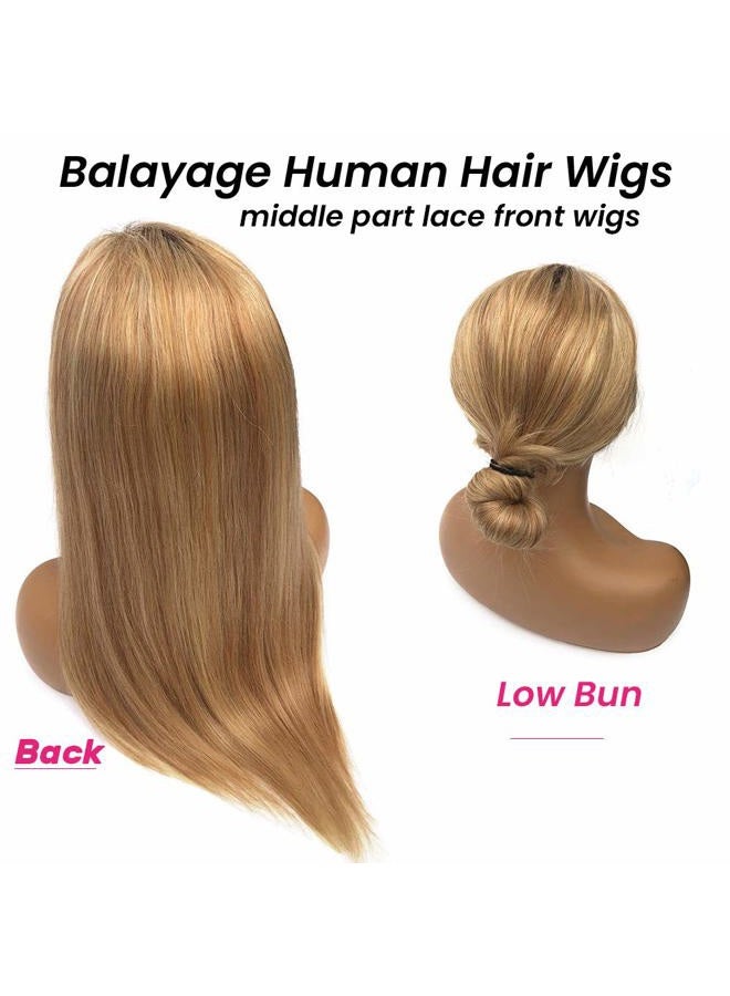 Smavida Blonde Lace Front Wig Human Hair 13x4 HD Transparent Ombre Mediun to Brown with Honey Blonde Highlights Straight Remy Human Hair Wigs Pre Plucked with Baby Hair Lace Wigs for Women 20" 150% Density - Image 4