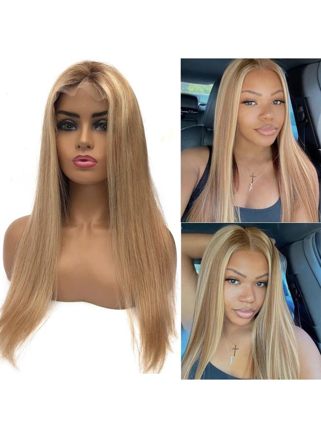 Smavida Blonde Lace Front Wig Human Hair 13x4 HD Transparent Ombre Mediun to Brown with Honey Blonde Highlights Straight Remy Human Hair Wigs Pre Plucked with Baby Hair Lace Wigs for Women 20" 150% Density - Image 1