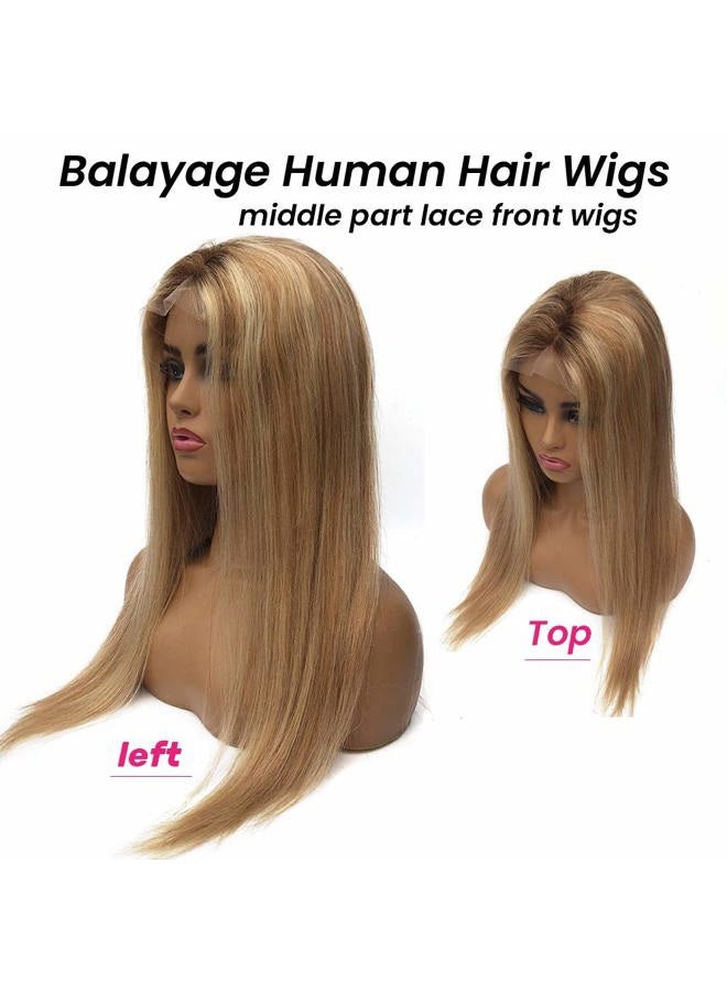 Smavida Blonde Lace Front Wig Human Hair 13x4 HD Transparent Ombre Mediun to Brown with Honey Blonde Highlights Straight Remy Human Hair Wigs Pre Plucked with Baby Hair Lace Wigs for Women 20" 150% Density - Image 3