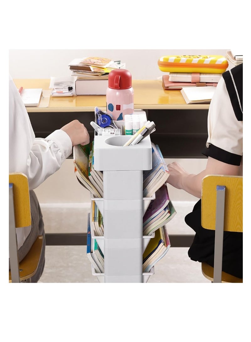 Movable Bookshelf Floor Standing Open Shelf Bookcase Multipurpose Household Storage Rack 360° Rotation for Home and School Desk Side Books and Magazine Holder Space Saving (White) - Image 4