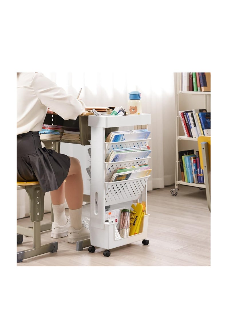 Movable Bookshelf Floor Standing Open Shelf Bookcase Multipurpose Household Storage Rack 360° Rotation for Home and School Desk Side Books and Magazine Holder Space Saving (White) - Image 1