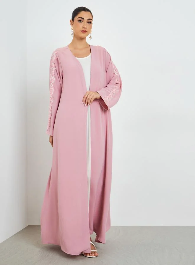 Amirah  Pink Embellished Open Front Abaya for Women | Best Price UAE