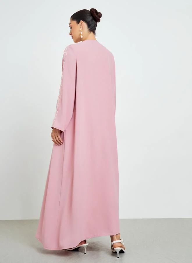 Amirah  Pink Embellished Open Front Abaya for Women | Best Price UAE