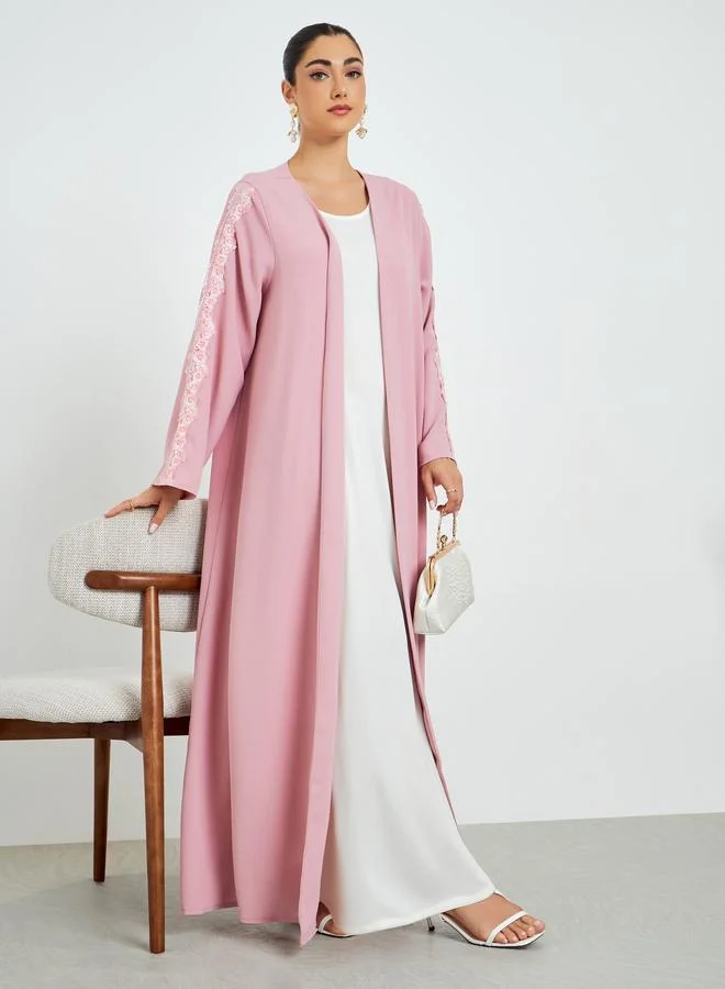 Pink Embellished Open Front Abaya