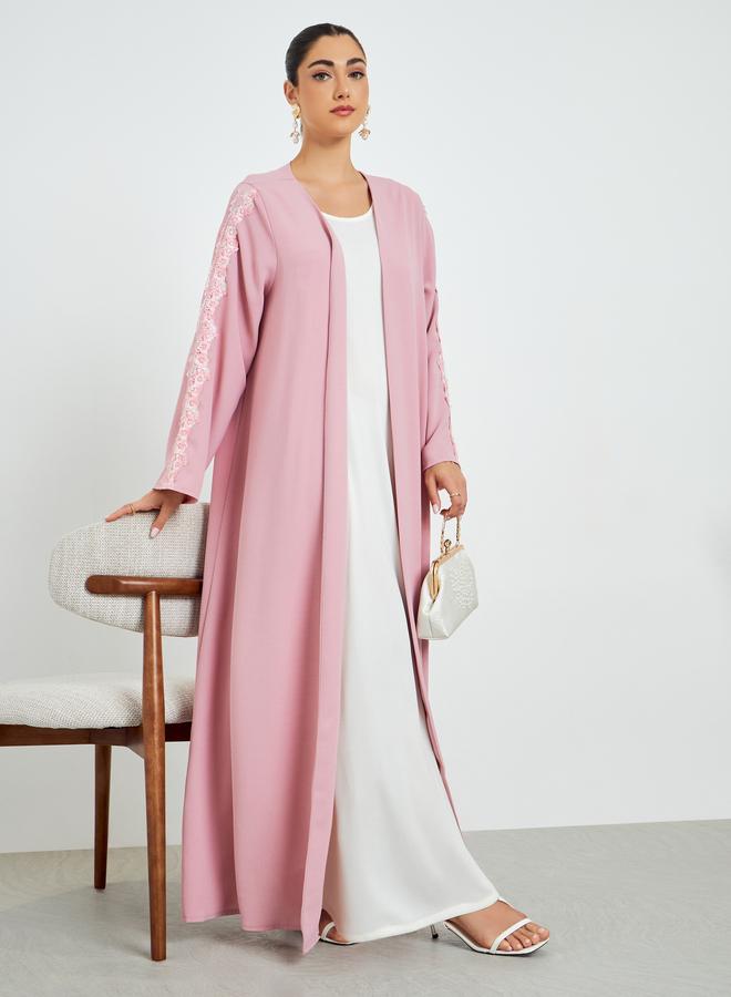 Amirah Pink Embellished Open Front Abaya - Image 1