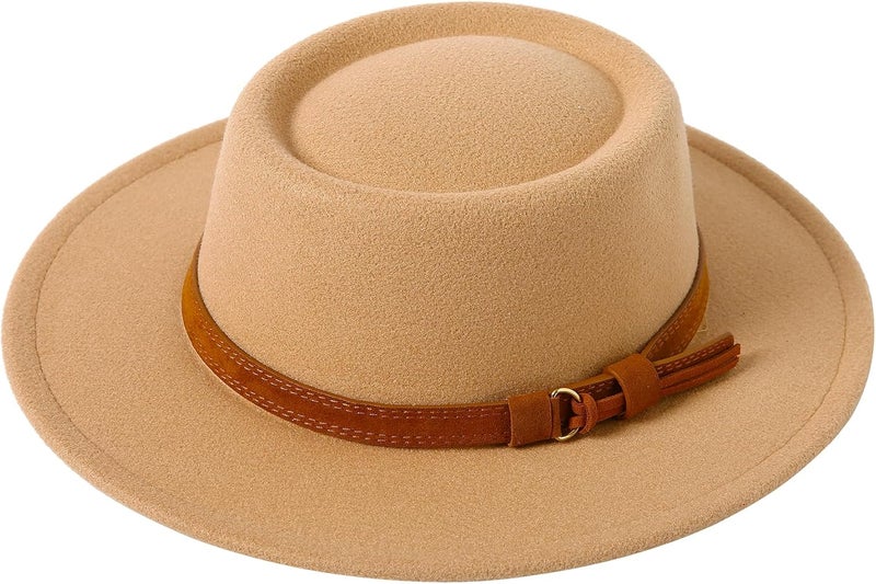 Lanzom Women Vintage Wide Brim Warm Wool Fedora Hat Belt Panama Hat Felt Jazz Hat - Image 1