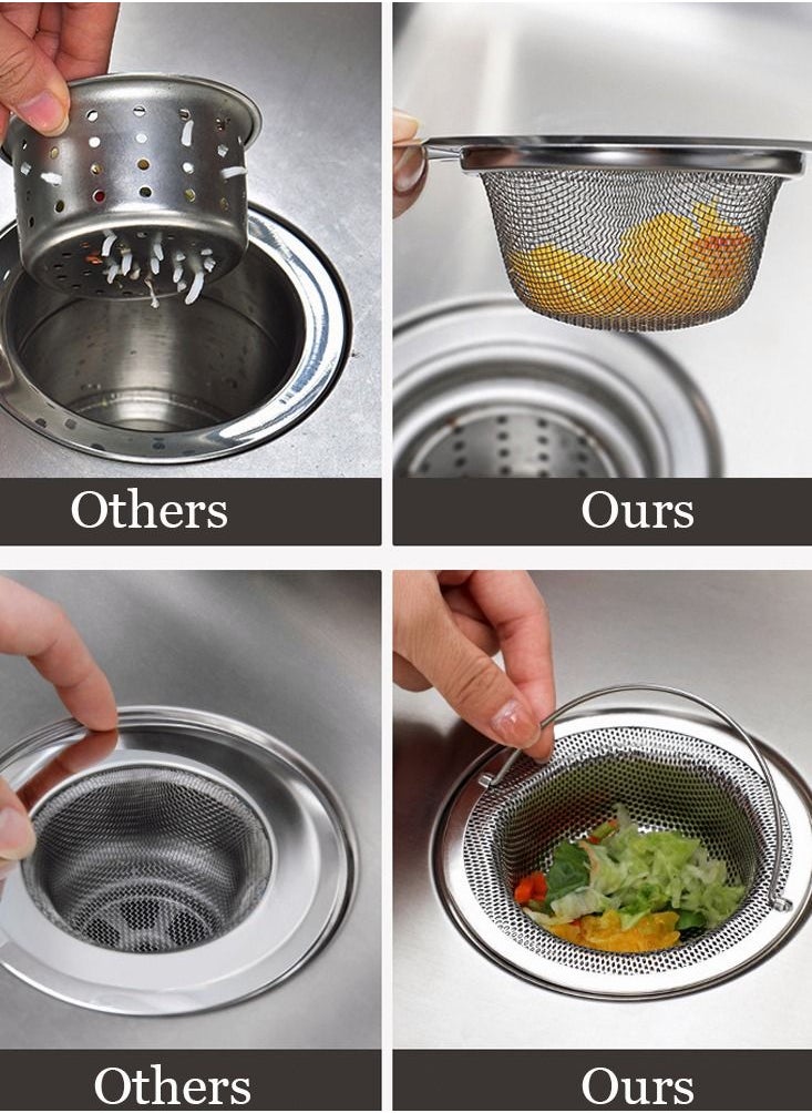 SYOSI SYOSI 2 Pack - 4.5" Top / 3" Basket - Kitchen Sink Drain Strainer Stainless Steel Large Basket Food Catcher with Handle. Fast Flow and Effective 2/16" Holes  - Image 4