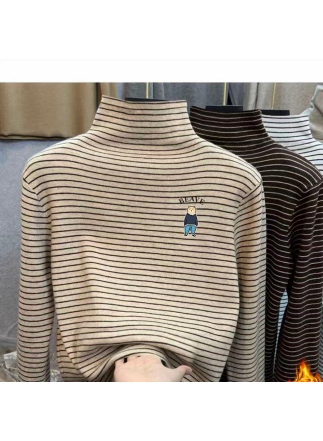 Children's Velvet Base Layer Shirt Semi-turtle Neck Long Sleeve T-shirt Trendy Simple Striped Top Velvet Warm Shirt For Boys And Girls - Image 1