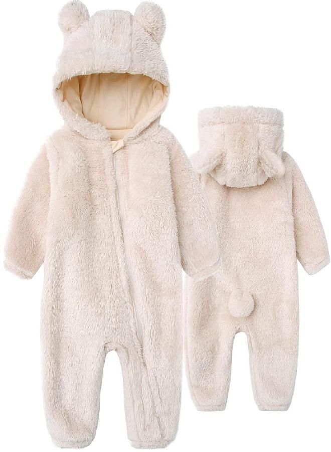 Babymine Infant Warm Snowsuit with Hood Cotton Fleece Romper Solid Soft Jumpsuit Playwear for Baby Girl Boy Beige 0-3M  - Image 1
