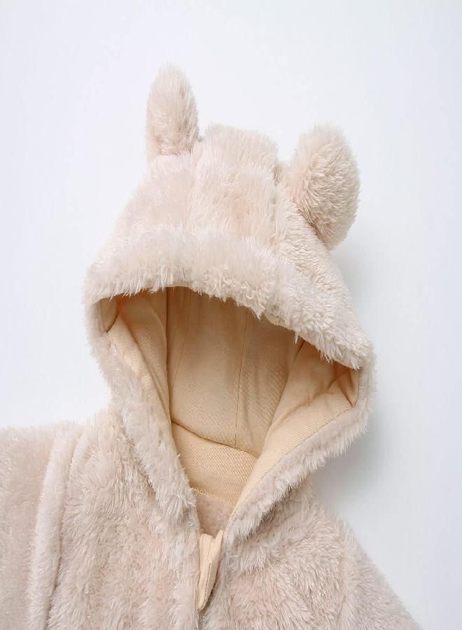 Babymine Infant Warm Snowsuit with Hood Cotton Fleece Romper Solid Soft Jumpsuit Playwear for Baby Girl Boy Beige 0-3M  - Image 2