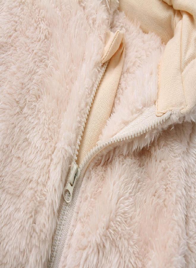 Babymine Infant Warm Snowsuit with Hood Cotton Fleece Romper Solid Soft Jumpsuit Playwear for Baby Girl Boy Beige 0-3M  - Image 3