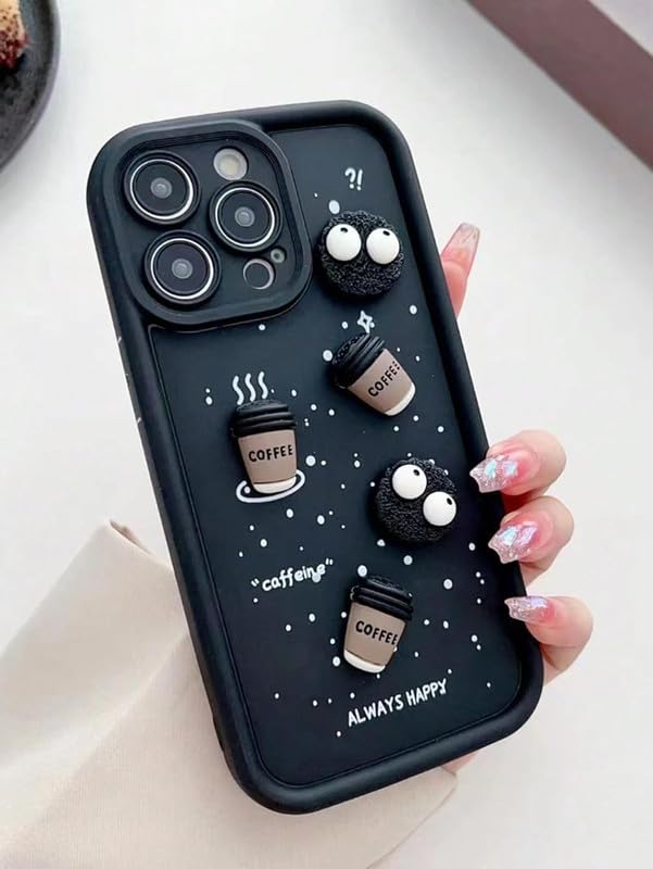 COVERLY Back Case Cover Compatible with iPhone 15 | Cute Fun Cartoon Characters 3D Ball Coffee Cookies Lovers Silicone Case | Body Protection | 360 Camera Protection | Shock Proof | (Happy Black) - Image 4