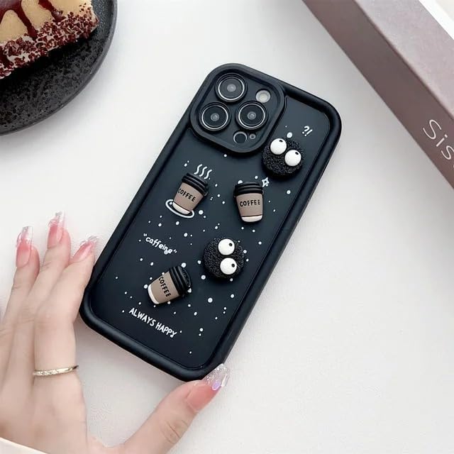 COVERLY Back Case Cover Compatible with iPhone 15 | Cute Fun Cartoon Characters 3D Ball Coffee Cookies Lovers Silicone Case | Body Protection | 360 Camera Protection | Shock Proof | (Happy Black) - Image 3